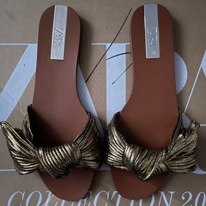 Zara Flat Sandals with Metallic Bow